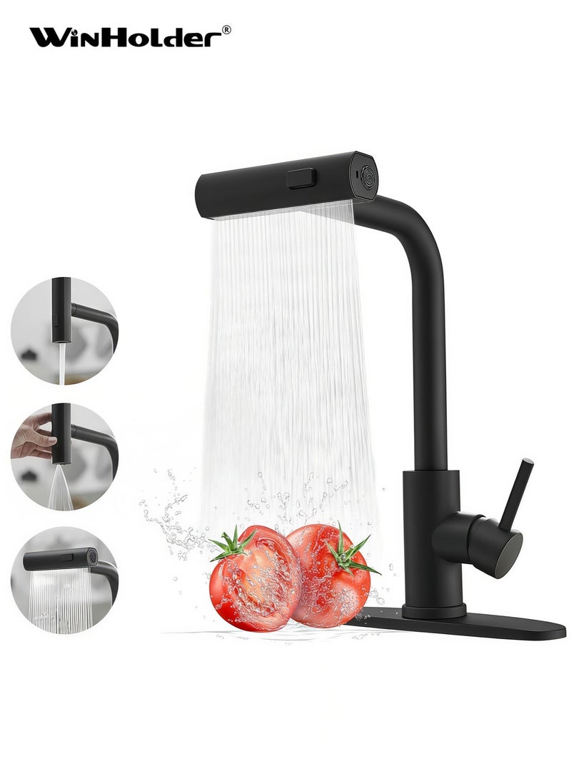 WinHolder 3 Function Sprayer Black Kitchen Faucets with Pull Down Sprayer, Waterfall Kitchen Sink Faucet, Commercial Utility Stainless Steel Kitchen Faucets, Single Handle Kitchen Sink Faucet with Pull Down - Image 1